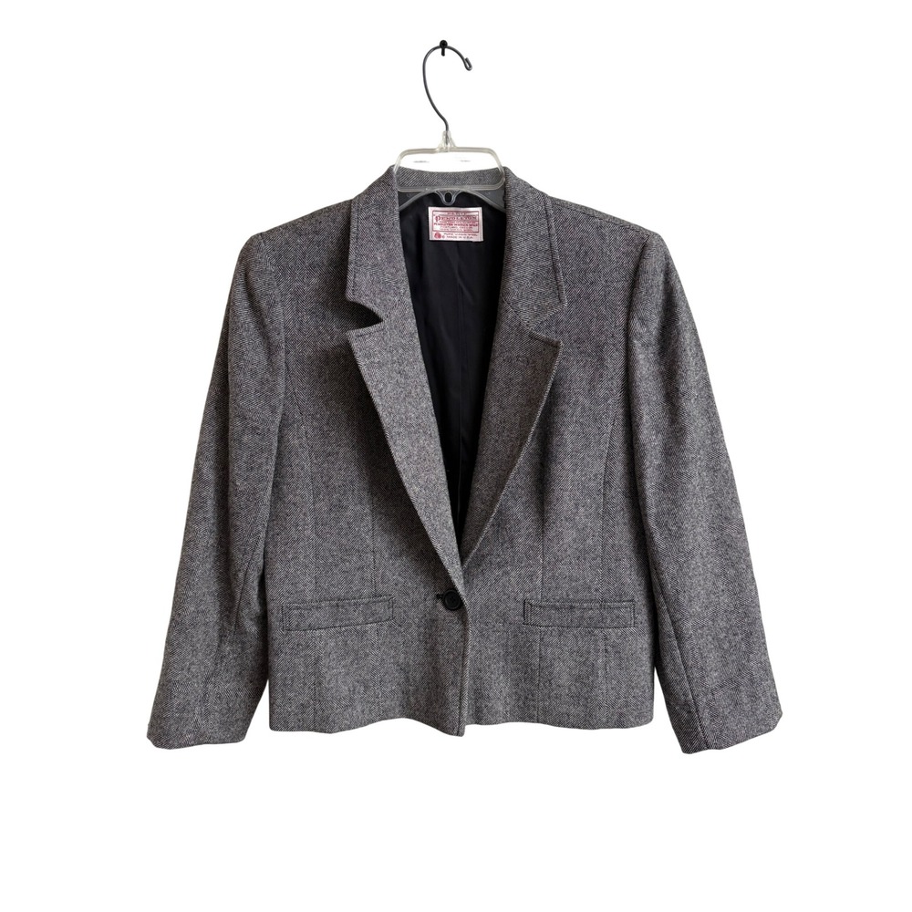 Pendleton Wool Blazer Grey Windowpane Plaid Single Button Jacket Size 10P Preppy